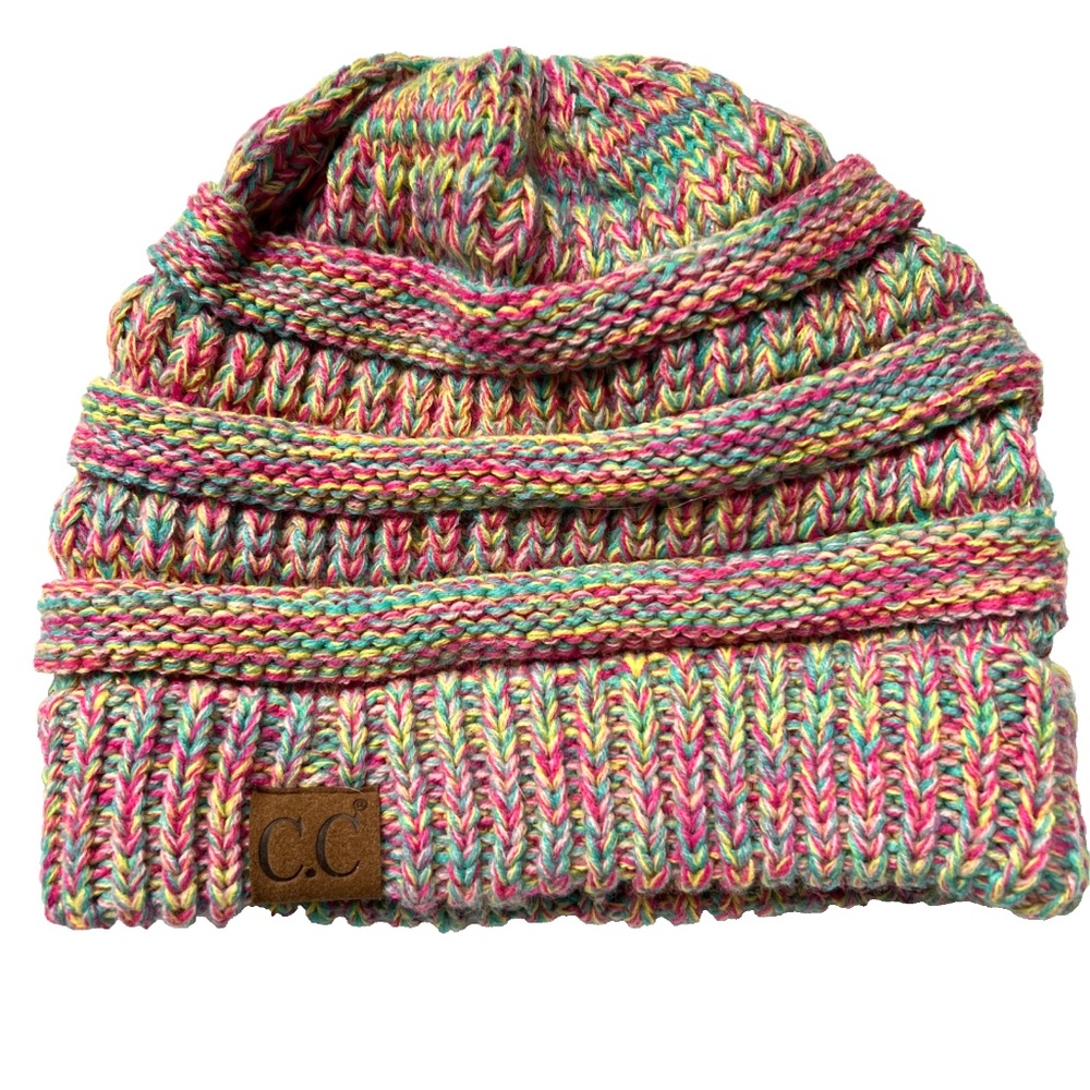 C.C California Beanie Toque Tweed Yellow Pink Multi Colour Hat NEW